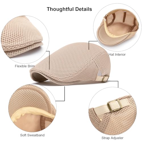 Mens Mesh Cap Flat Ivy Gatsby Newsboy Beret Driving Hat Adjustable Breathable Summer Hats - color: Khaki