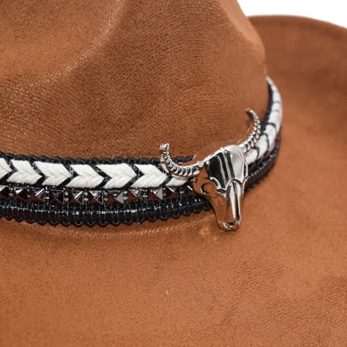 Women Men Western Cowboy Cowgirl Hat with Buckle Belt Wide Brim Outdoor Fedora Hats - color: Dark Brown