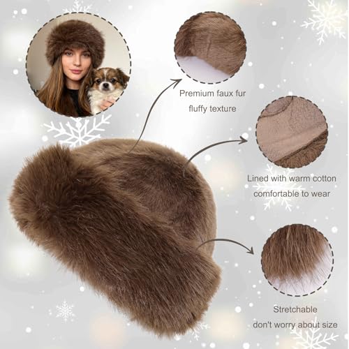 Womens Faux Fur Hat Winter Thickened Bucket Hat Warm Faux Fur Hats Plush Mongolian Hats Russian Beret for Women - color: Coffee