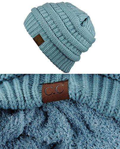 C.C Unisex Chunky Soft Stretch Cable Knit Warm Fuzzy Lined Skully Beanie - color: Denim