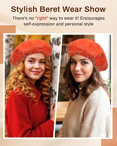 AWAYTR Punk Beret Hat for Women - 90% Wool Blend Goth Alt French Cap - color: Orange