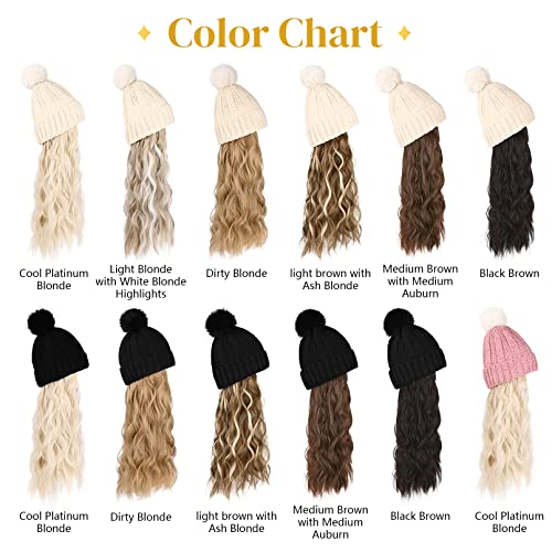 Flufymooz Beanie Wig Hat, Long Wavy Curly Black Hairpiece with Faux Fur Pom, 20 Inch Synthetic Hair for Women Girls Winter (Copper Red) - color: Black Hat-copper Red, size: 20 Inch
