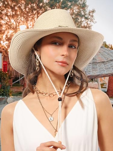 Straw Cowboy Sun Hat Western Cowgirl Women Men with Windproof Chin Strap - color: 베이지.