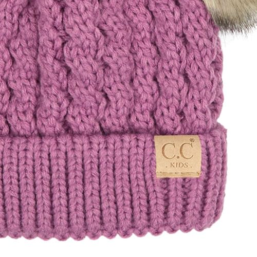 C.C Kids' Cable Knit Double Pom Beanie for Kids - Comfortable Soft Warm Children Skully Hat with Pom - color: Natural Faux Fur Pom New Lavender