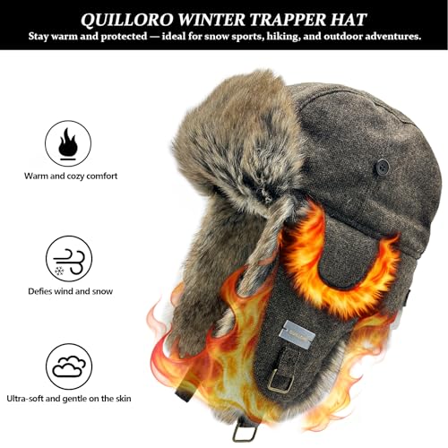 Winter Trapper Hat for Men and Women,Wool Russian Ushanka Aviator Warm Cold Proof Ski Hunting Cycling Winter Hats - color: Brown Tweed Faux Fur, size: Large-X-Large