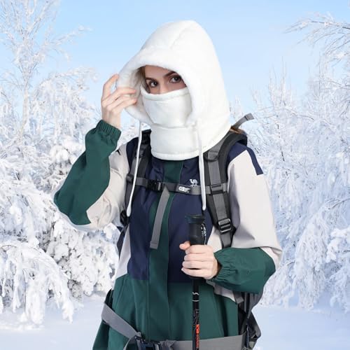 HUAMULAN Unisex Winter One Piece Balaclavas Hoodie Ski Snow Hats Earmuff - color: Cream White