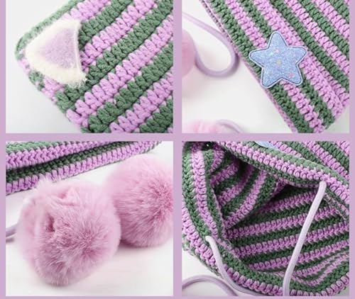 Women Kawaii Cat Ear Beanie Hat with Star Pom Poms Y2K Cute Crochet Goth Grunge Emo Alt Accessories Knit Slouchy Hat - color: Red Black