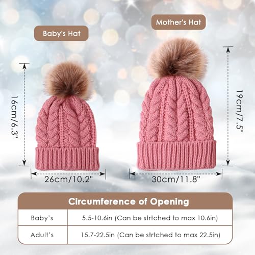 2PCS Parent-Child Knit Hat Family Matching Winter Warmer Hat Mother & Baby Crochet Beanie Ski Cap with Pom - color: Pink
