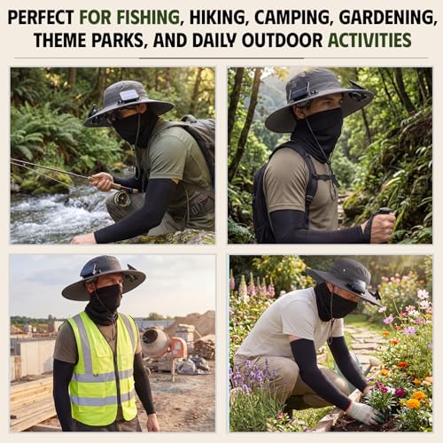 Syhood Solar Powered Fan Hat Neck Gaiter Arm Sleeves Sun Bucket Hat with Fan Cooling Wide Brim Hats for Fishing Hiking - color: Dark Gray, Black, style: Breathable