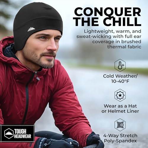 Tough Headwear Thermal Skull Cap - Moisture-Wicking Running Beanie - Snug Fit Ski Helmet Liner - Lightweight Cycling Cap - color: Black (3 Pieces)