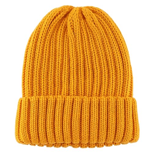 Connectyle Women's Rib Knit Cuffed Beanie Hat Stretch Acrylic Winter Hat Thick Warm Snow Ski Cap - color: Gold Yellow