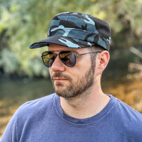 Initlove Cadet Army Cap Military Unisex Flat Top Hat for Men Women - color: Camo Blue