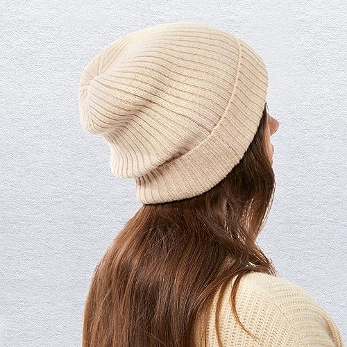 100% Merino Wool Cuff Beanie Hat, Unisex Warm Winter Caps Soft, Breathable & Cozy Stretchy Knitted Cuffed Cap - color: Apricot