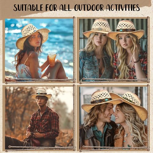 Straw Cowboy Hat Western Cowgirl Hat with Four Decorative Bands, Hat Size Fits 21 7/8 to 23, Wide Brim