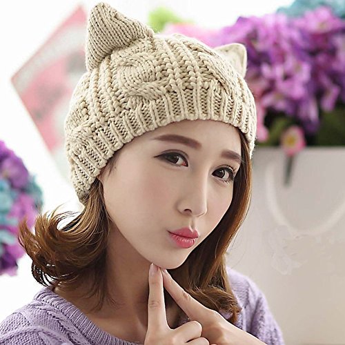 Women Winter Wool Baggy Beret Beanie Cute Devil Cat Ear Crochet Braided Knit Hat Ski Cap - color: Beige