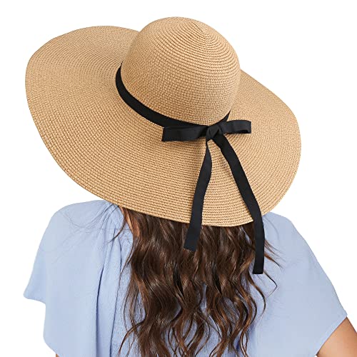 Women Wide Brim Sun Hat UPF50 Straw Summer Hat Floppy Beach Hat Roll-Up - color: Tie Brown