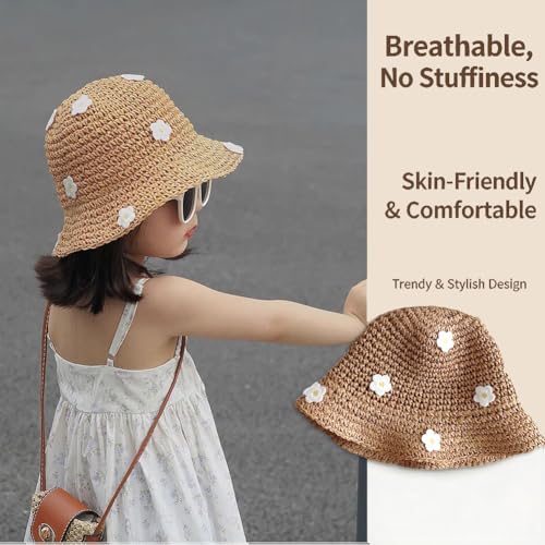 Toddler Straw Hat with Bow, UPF 50+ Foldable Beach Sun Cap for Baby - color: Flower Khaki, size: 1-2T