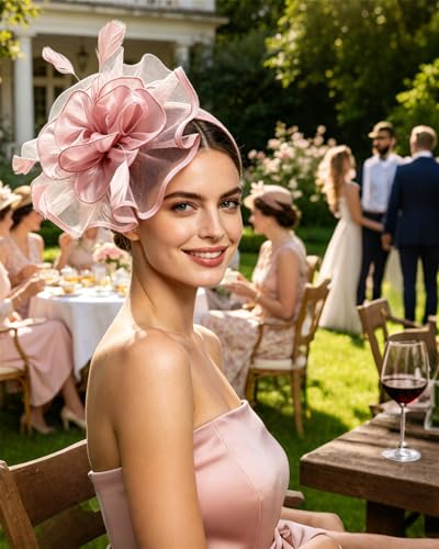 Women's Organza Church Vintage Wedding Fascinator Tea Party Wedding Hat Summer - color: Hj2-nude Pink