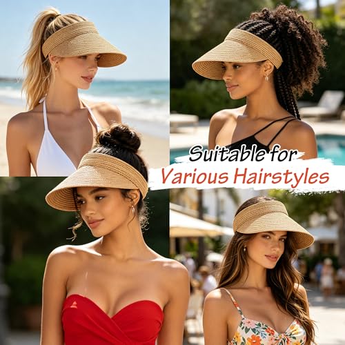 3 Pack Women Straw Sun Visor Hats, Wide Brim UV UPF 50+ Protection Beach Visor, Packable Adjustable Summer Hats for Traveling - color: Khaki+beige+black