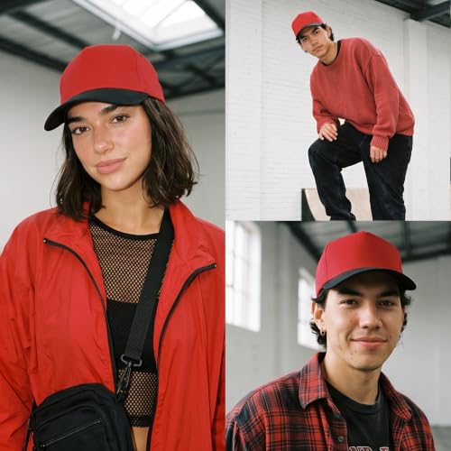 Daxton Men Original Trucker Hat Cotton Twill with Adjustable Snapback 5 Panel A-Frame Cap - color: 2 Pack - All Black, Red Black