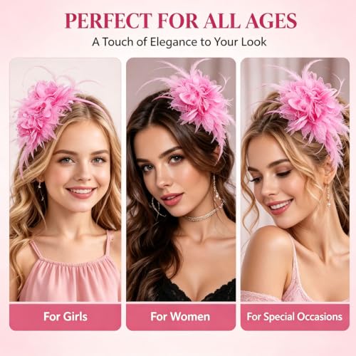 Pink Flower Headband, Floral Feather Hairband with Pearl Design Party Headband for Women Wedding Headpiece Fascinator Party Hair Accessories Carnival Hair Hoop - color: Pink