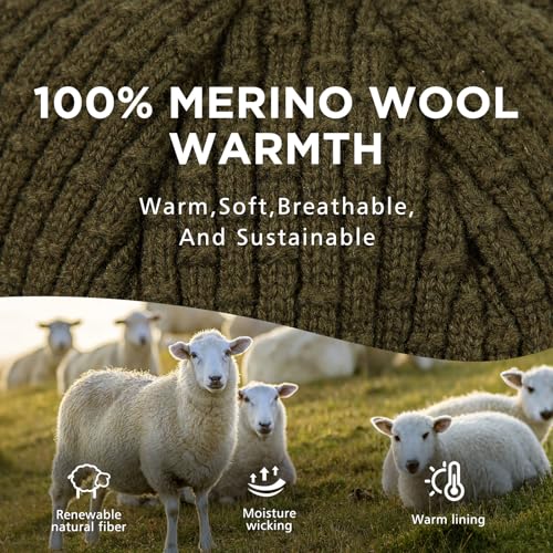 TOP-EX 100% Australian Merino Wool Brim Beanie, Polartec™ Fleece Lined - color: Olive Green, size: X-Large-XX-Large