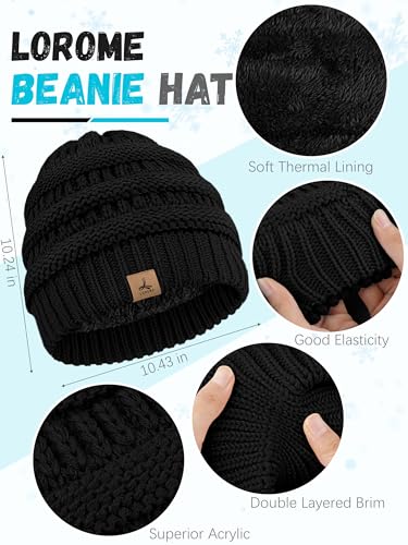 LOROME Winter Beanie Hat Scarf Gloves, Warm Fleece Knit Neck Scarf Set Gift - color: Black