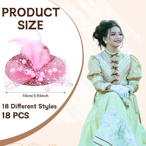 18 Pieces 4 Inches Mini Hat Hair Clip Mini Top Hat Fascinator Decorative for Girls Women Feather Lace Clip Tea Party Hair Accessories