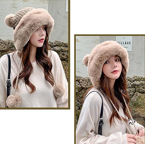 Winter Pompom Beanie Hats Women Knit Womens Beanie Faux Fur Crochet Skull Cap Warm Bucket Outdoor Ear Cover - color: Khaki