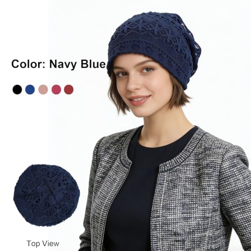 Women's Soft Lined Hollow Out Knit Slouchy Beanie - color: Navy Blue