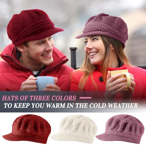 Mepase 3 Pieces Women Warm Hat for Winter Slouchy Beanie Cap with Visor Knitted Newsboy Hats for Women Ski Snow - color: Pink, Red, Beige