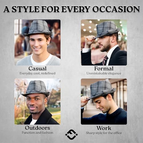 Funky Junque Fedora Hats for Men – Classic Wool Blend Trilby Dress Hat, Short Brim Men’s Fedoras for Formal & Casual Wear - color: Checkered Light Grey, size: 7 1/4-7 5/8
