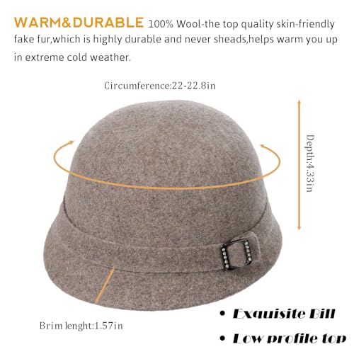 Winter Cloche 100% Wool Bucket Hat for Women Elegant Dress 1920s Vintage Fedora Hats Church Derby Party Fashion - color: 2khaki