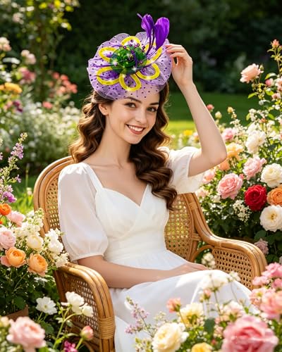 Women Fascinator Hats LED Light Up Headband for Tea Party Halloween Night Headwear Christmas Mardi Gras - color: Yellow Green Purple