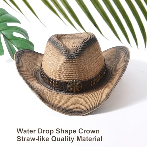 AQOKKA Straw Cowboy Hats for Women Men Western Cowgirl Hats with Shapeable Brim Woven Hollow Out Unisex Beach Roll Up Caps - color: Spray-painted Cowboy Hats : Khaki+black
