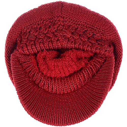 BYOS Womens Winter Chic Cable Warm Fleece Lined Crochet Knit Hat W/Visor Newsboy Cabbie Cap - color: Braided Front Red