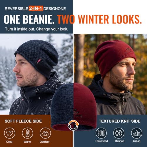 2 Pack Fleece Lined Beanie Hat Reversible Knit Skull Cap for Men Women - color: Blue+khaki