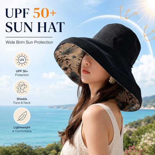 HUAMULAN Wide Brim Women Summer Sun Floppy Hat Reversible Beach Bucket Hat - color: M2320-black