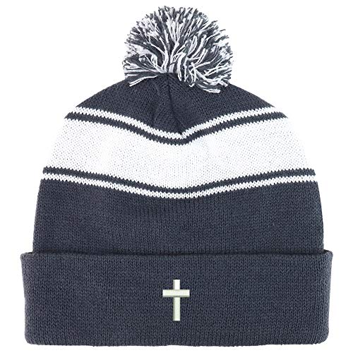 Trendy Apparel Shop Cross Embroidered Two Tone Pom Striped Long Beanie Hat - color: Grey White