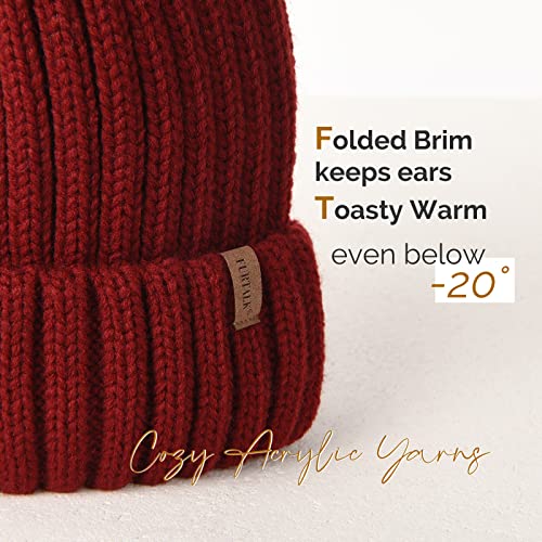 FURTALK Womens Winter Knitted Beanie Hat with Faux Fur Pom Warm Knit Skull Cap Beanie for Women - color: Wine Red