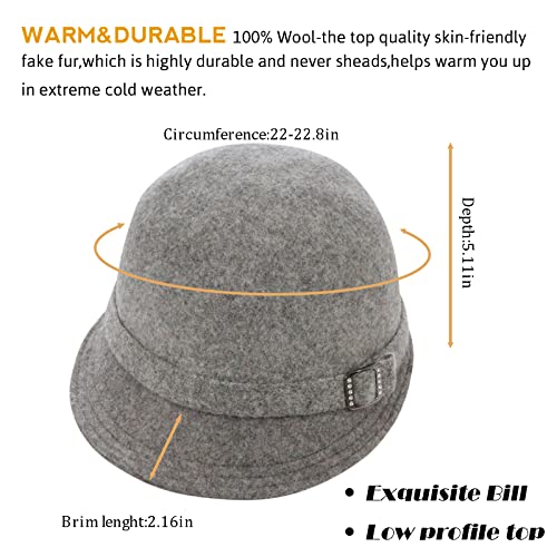 Winter Cloche 100% Wool Bucket Hat for Women Elegant Dress 1920s Vintage Fedora Hats Church Derby Party Fashion - color: 2grey