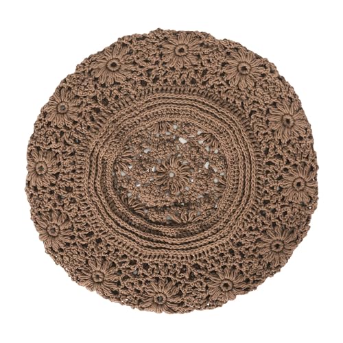 ZLYC Women Cotton Slouchy Crochet Beret Handmade Cutout Floral Beanie Hat - color: Plain Brown