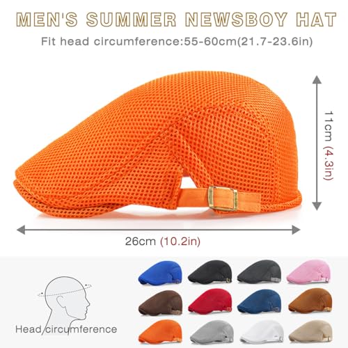 2 Pack Men's Mesh Cap Breathable Summer Newsboy Hat Adjustable Beret Ivy Cap Irish Cabbie Driving Hunting Hats - color: Black/Orange