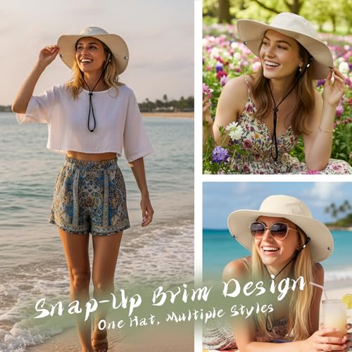 Wide Brim Waterproof Bucket Rain Hat for Women Men UPF50+ Cowboy Sun Hat - color: Ponytail Beige