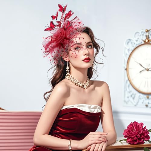 Zinniday Butterfly Derby Hat 2025 - Classic Tea Party Hats with Hair Clip, 1920s 50s Fascinators for Lady Woman - color: Red