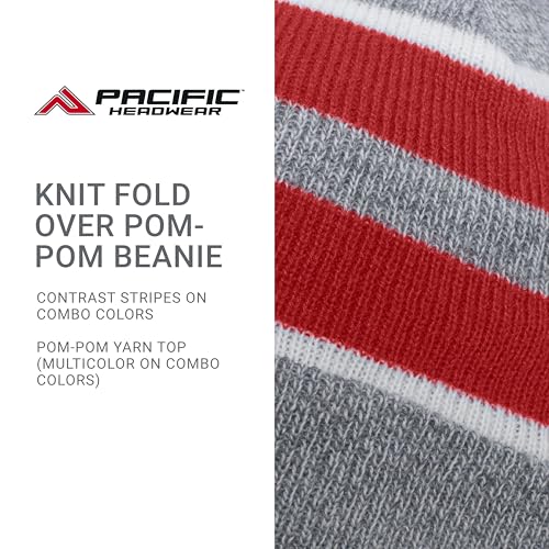 Pacific Headwear Unisex Adult Pacific Headwear Knit Fold Over Pom-pom Beanie - color: Heather/Red/White, size: One Size