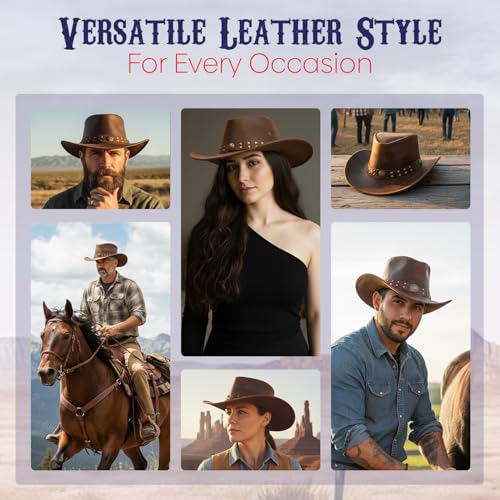 Equine Care Leather Cowboy Hat for Men & Women, Genuine Leather Western - color: Distressed Brown, size: 7 1/2-7 5/8