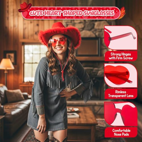 4E's Novelty Cowboy Hat with feathers With Heart Shaped Sunglasses for Women, Felt Cowgirl Hat for Party Costume Dress Up - color: Red