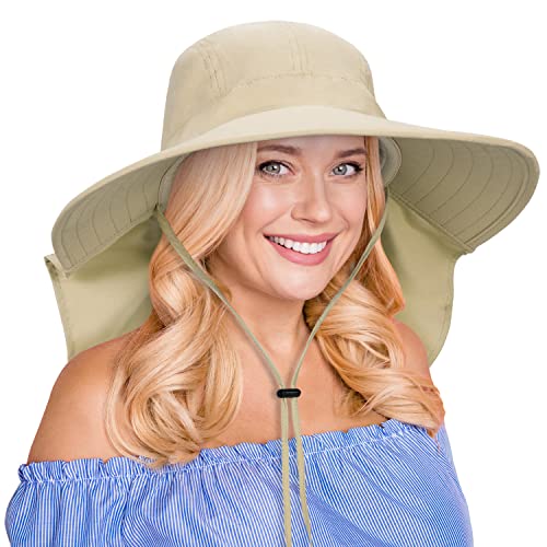 Tirrina Women's Sun Hat Wide Brim, UV Protection Sun Hats for Women - color: Tan W/ Floral Ribbon