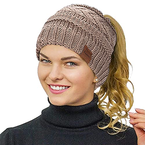 Rosoz 2 Pack Ponytail Beanie for Women,Winter Warm Beanie Tail Soft Stretch Cable Knit Messy High Bun Hat - color: 1pack-khaki